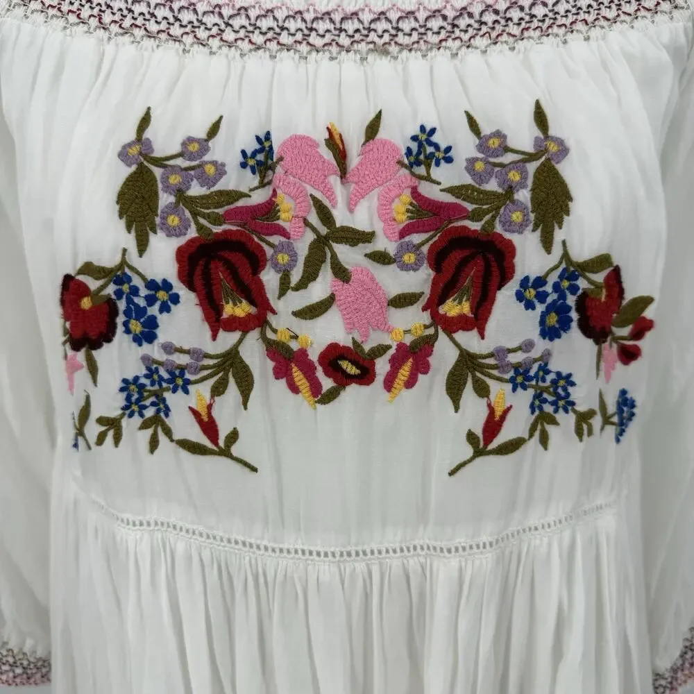 Free People Off Shoulder Mini‎ Dress XS Womens Floral Embroidered Boho Oversized